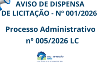 CRQ 18ª Região/Piauí abre Aviso de Dispensa de Licitação